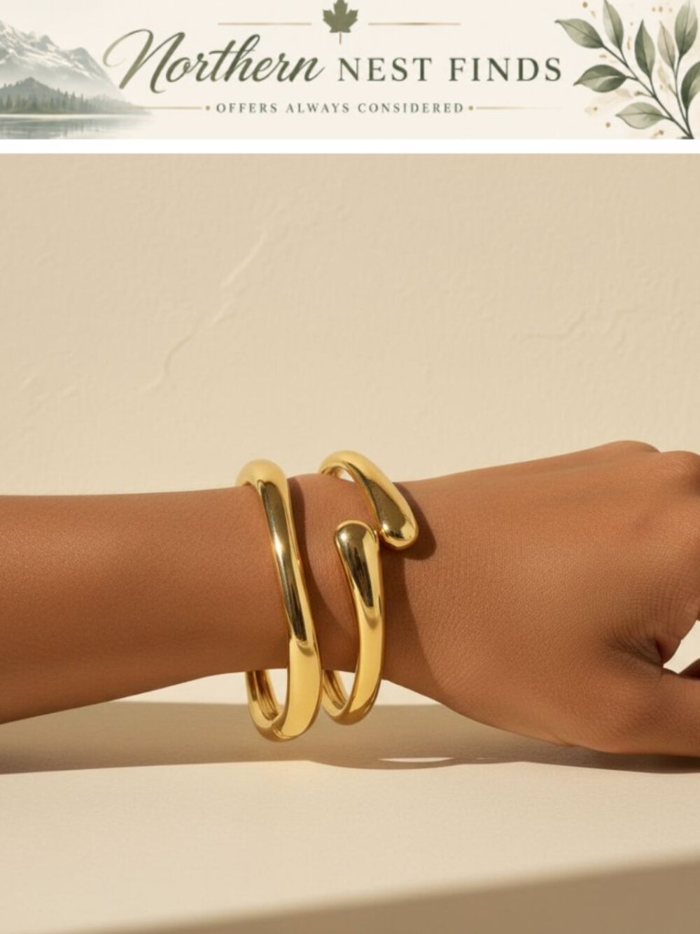 Chunky Gold Tone Bangle Bracelet Set 2Pc Adjustable Arm Cuff